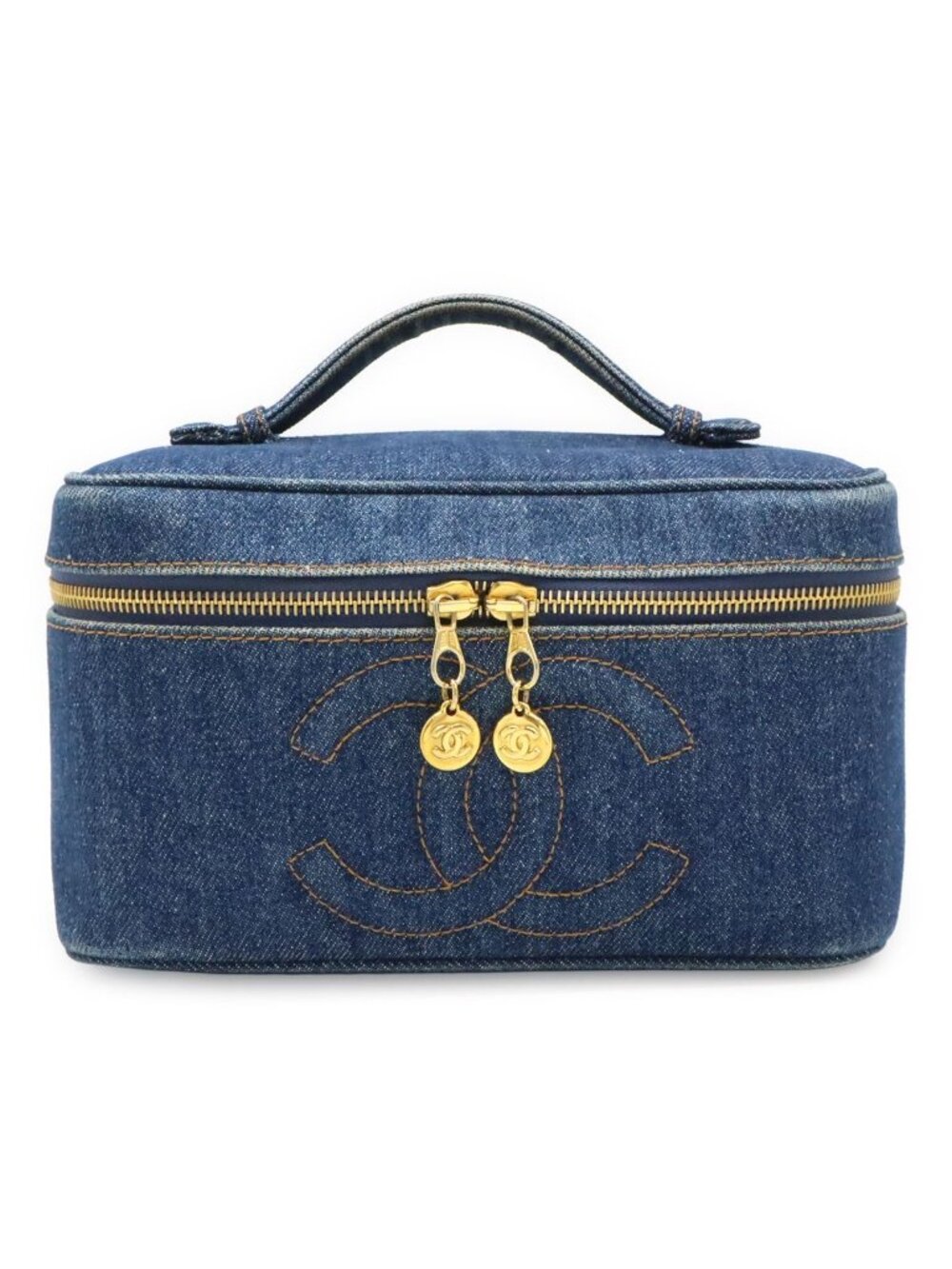 Chanel CC Logo Denim Vanity Handbag Makeup Pouch Blue Indigo Gold